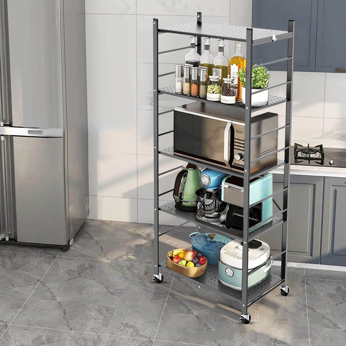 Kitchen Rack: 5-tier Collapsible Organization Storage Shelves with 20 Hooks Bookshelf Rack with Folding Pantry Shelves Cube Shelf Wire Shelving for Garage Kitchen Room