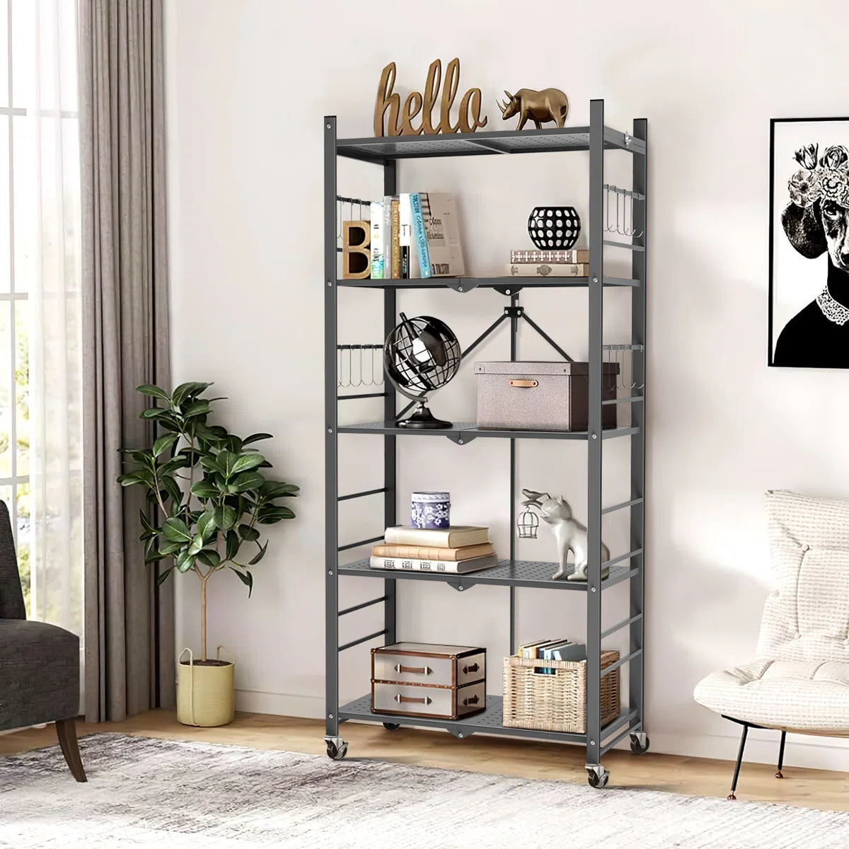 Kitchen Rack: 5-tier Collapsible Organization Storage Shelves with 20 Hooks Bookshelf Rack with Folding Pantry Shelves Cube Shelf Wire Shelving for Garage Kitchen Room