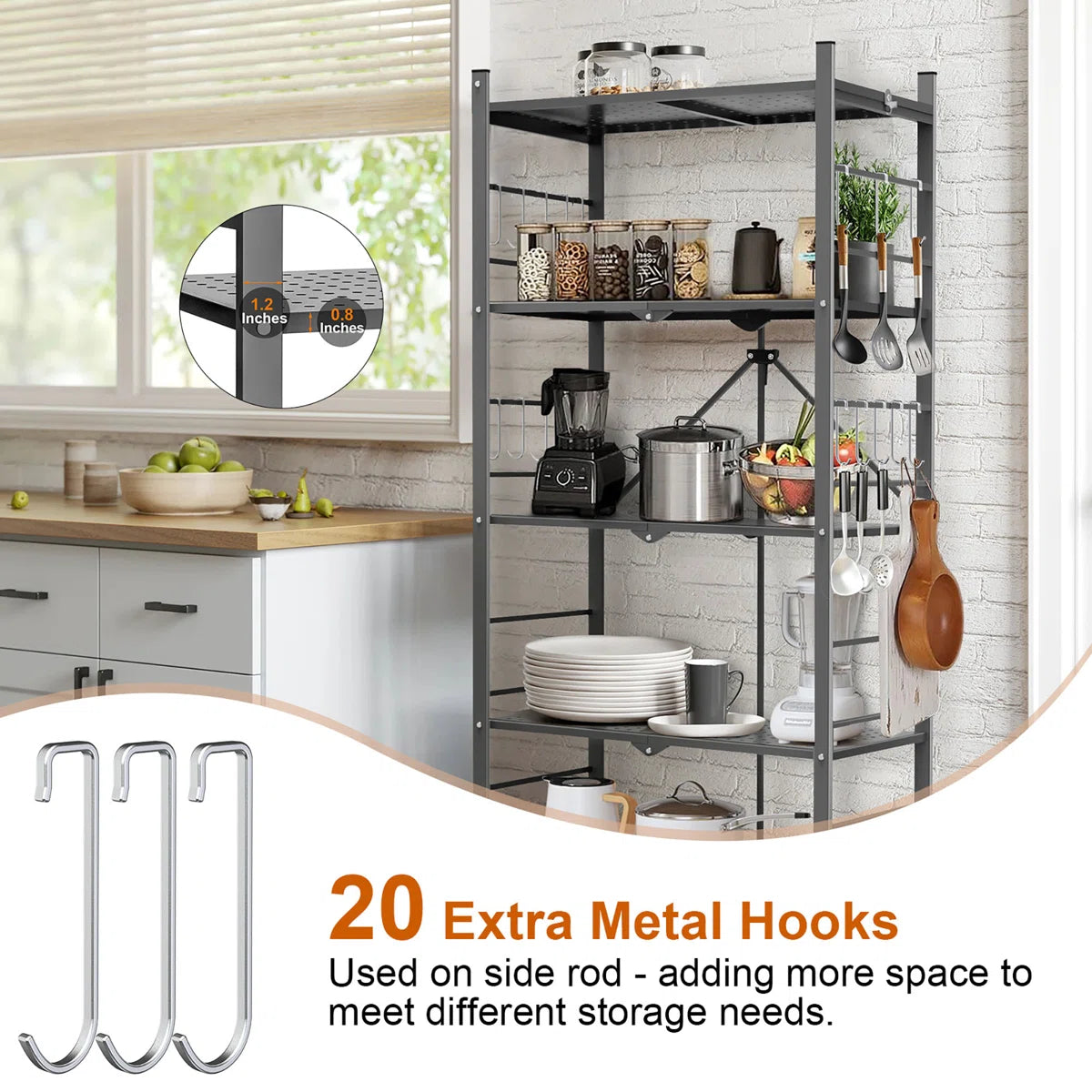 Kitchen Rack: 5-tier Collapsible Organization Storage Shelves with 20 Hooks Bookshelf Rack with Folding Pantry Shelves Cube Shelf Wire Shelving for Garage Kitchen Room