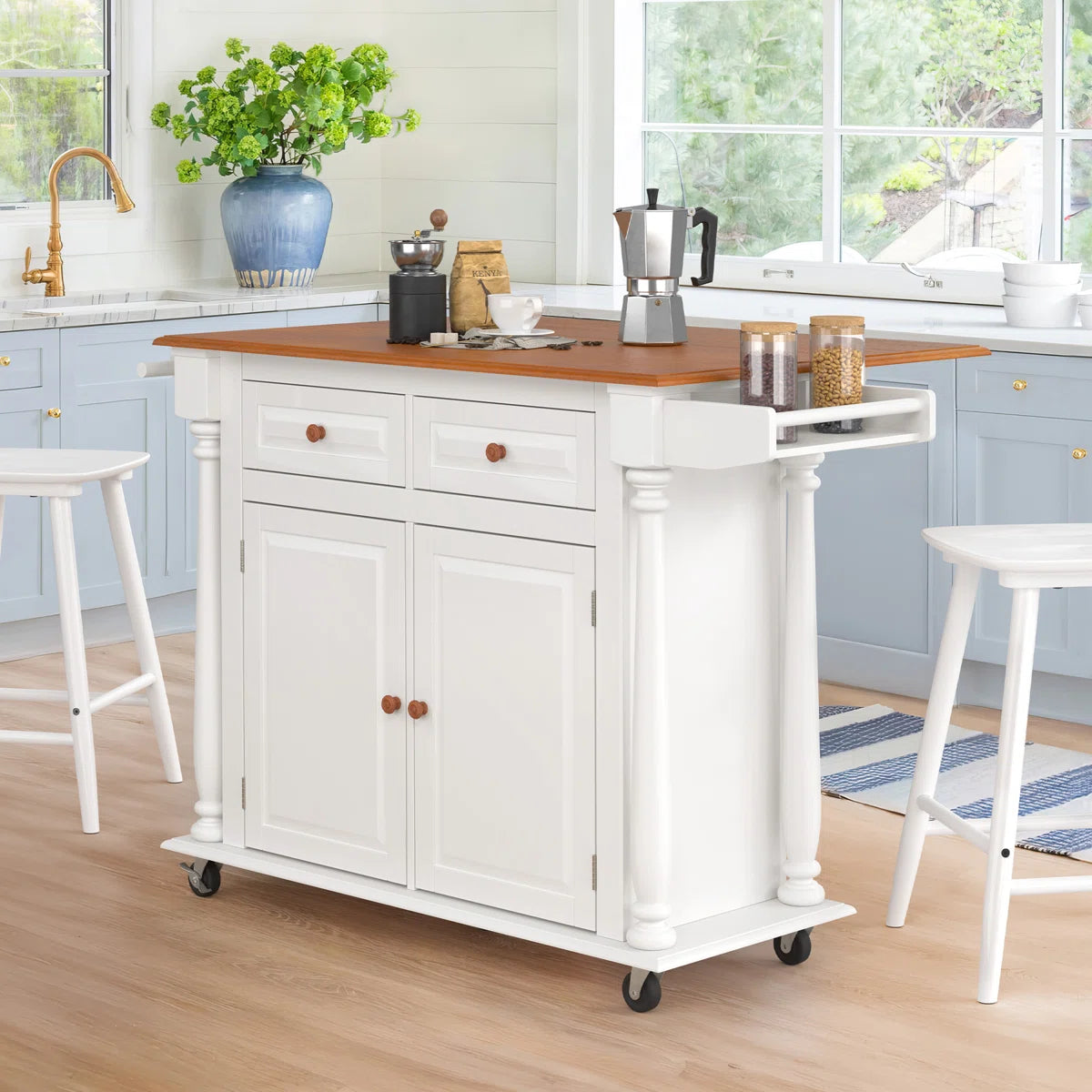 Kitchen Island Table: 50.6” Rolling Cart with Drop Leaf, Drawers, Cabinets & Towel Rack