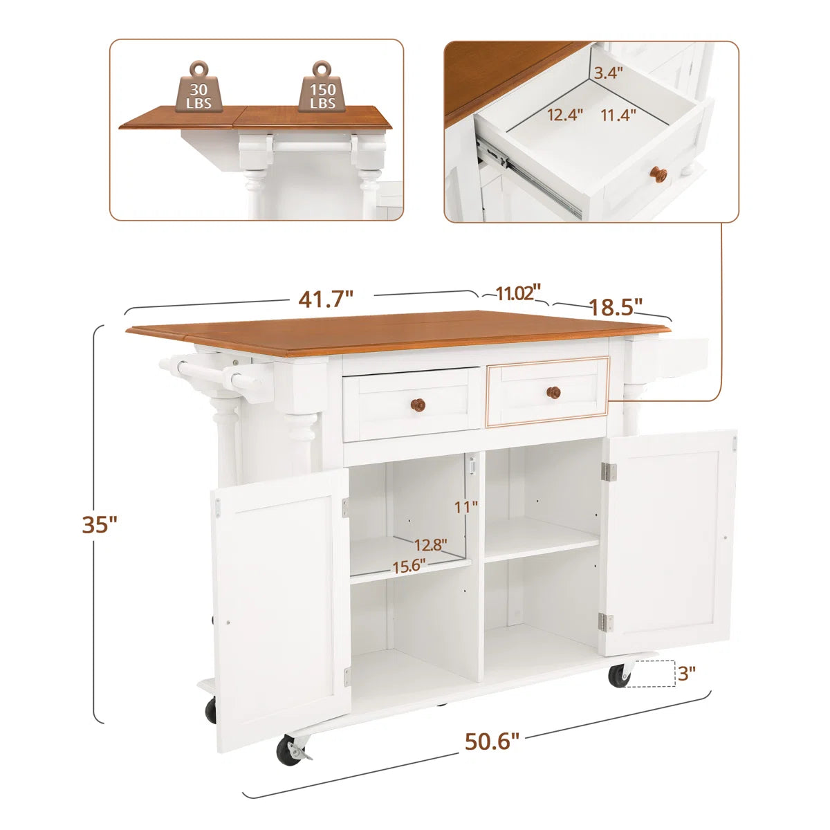 Kitchen Island Table: 50.6” Rolling Cart with Drop Leaf, Drawers, Cabinets & Towel Rack
