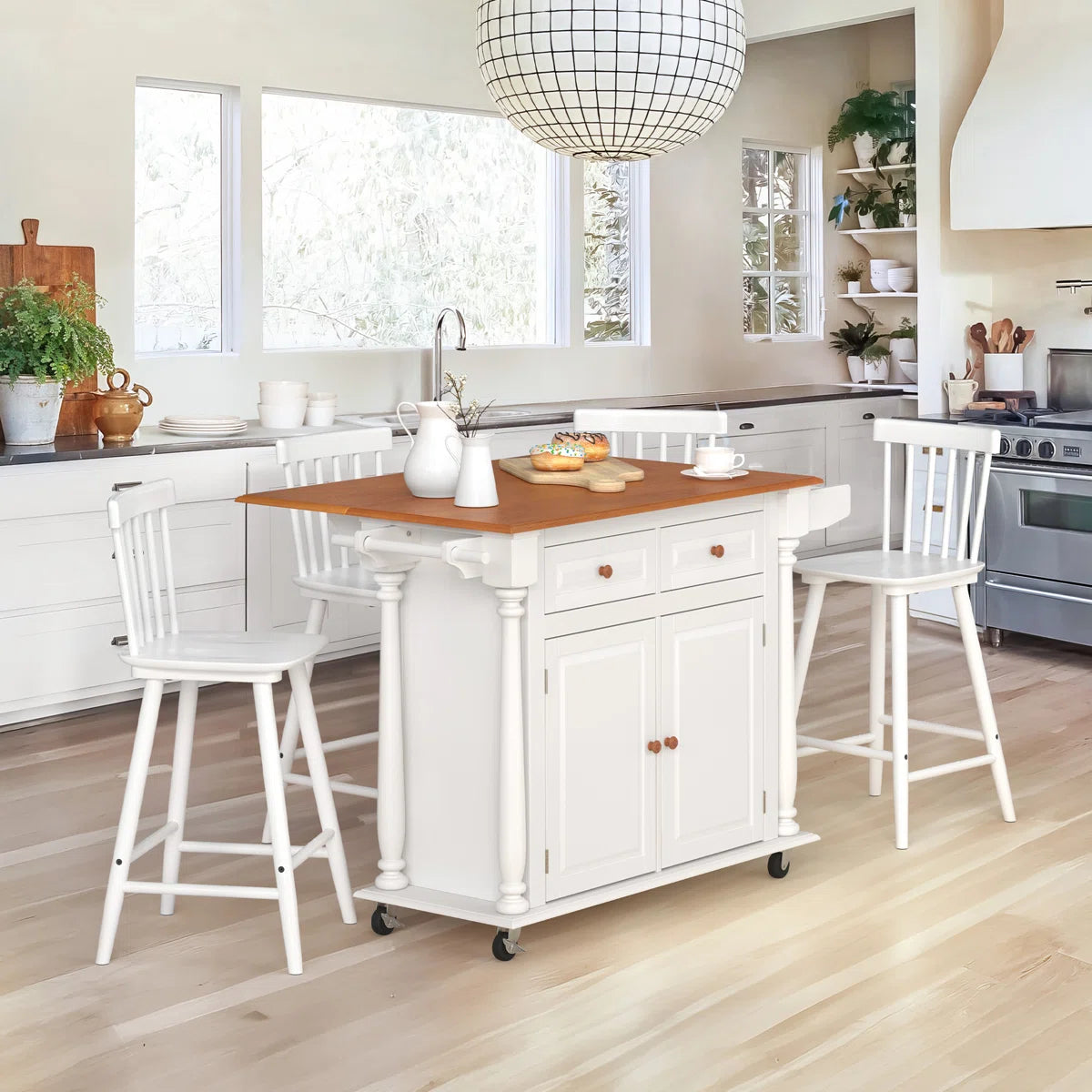 Kitchen Island Table: 50.6” Rolling Cart with Drop Leaf, Drawers, Cabinets & Towel Rack