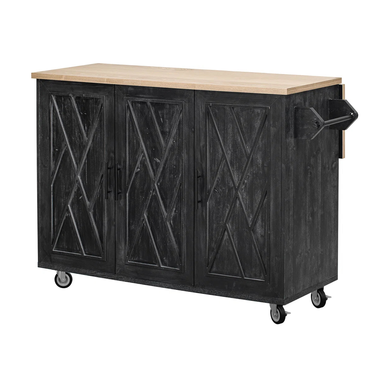 Kitchen Island Table: Farmhouse-Style Rolling Cart with Geometric Twill Stripe Design & Drop Leaf