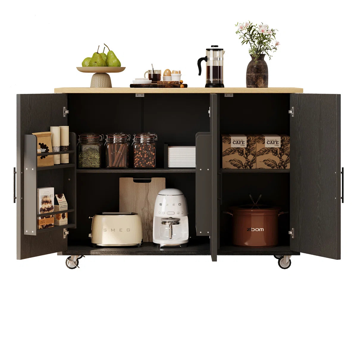 Kitchen Island Table: Farmhouse-Style Rolling Cart with Geometric Twill Stripe Design & Drop Leaf