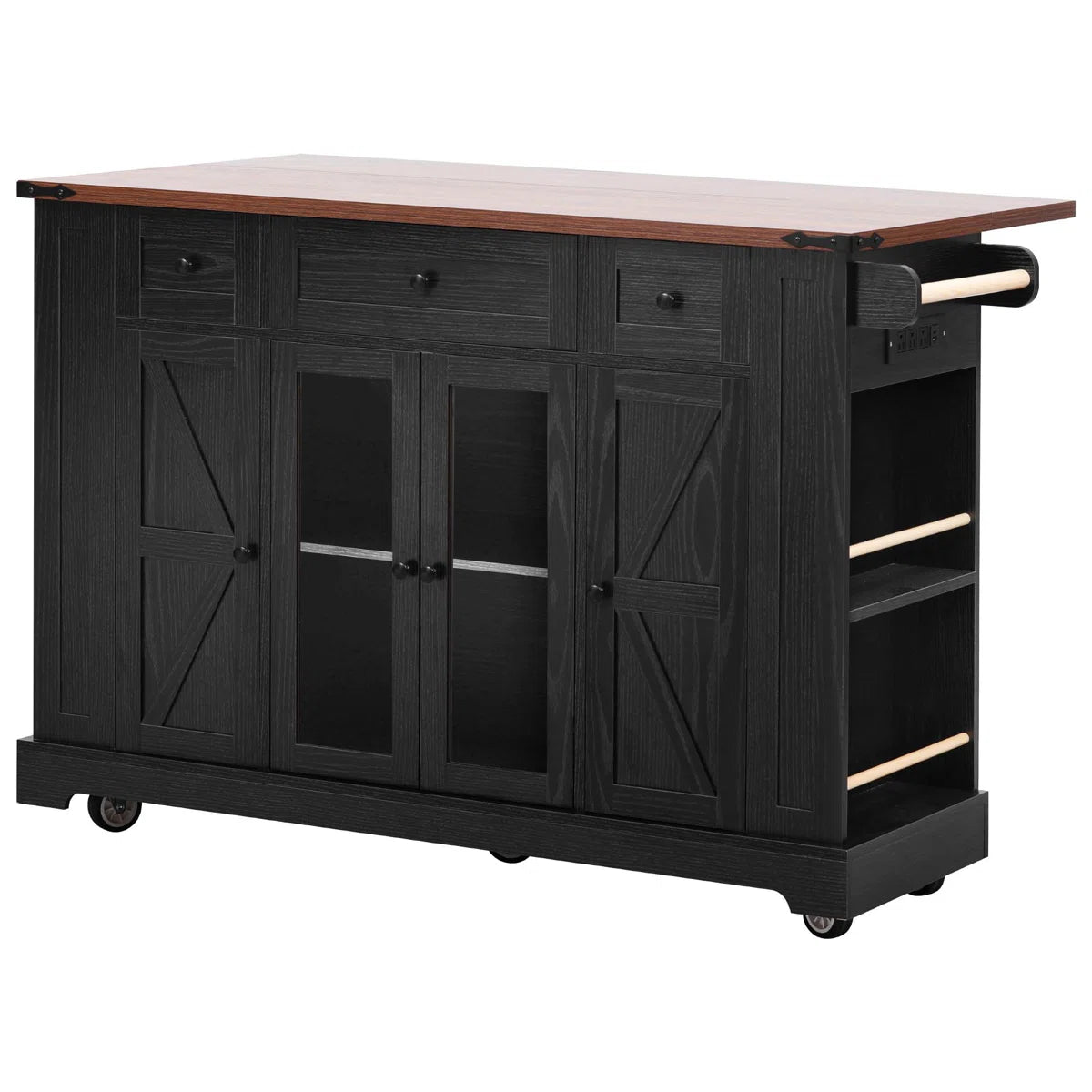 Kitchen Island Table: 53” wide Rolling Cart with Drop Leaf, Power Outlet & Glass Cabinet Doors