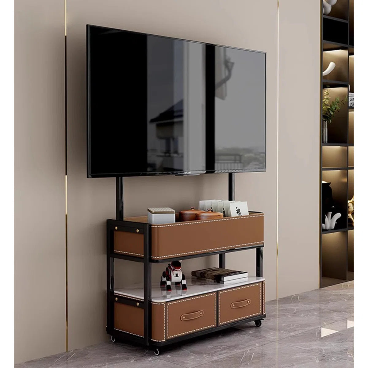 tv panel: 54.33" Two-Tone Solid Wood TV Stand with Rectangular Design