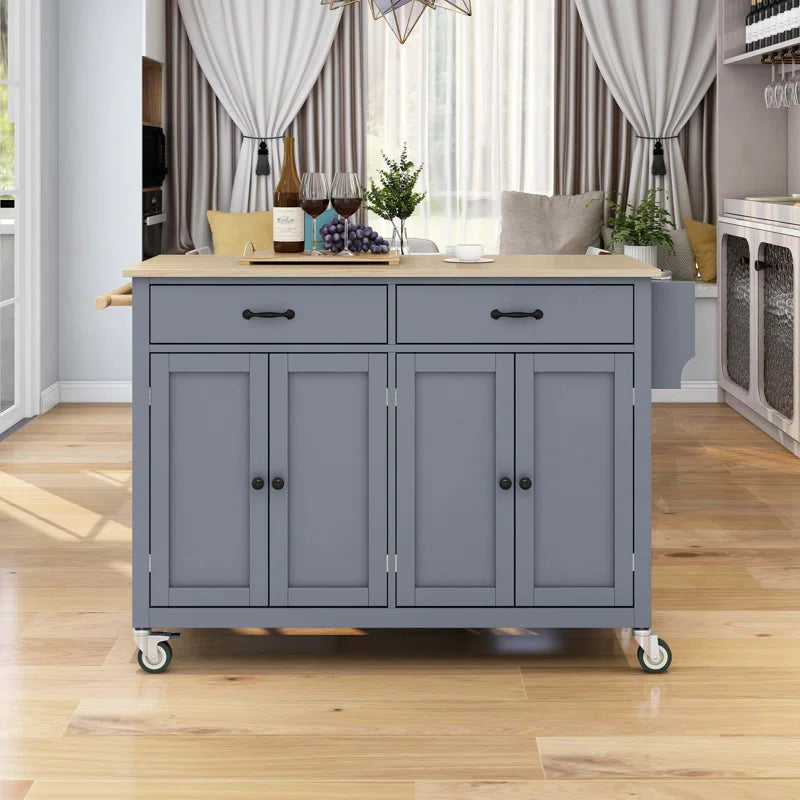 Kitchen Island Table: 54-Inch Wide Multi-Storage Cart with Rubberwood Top