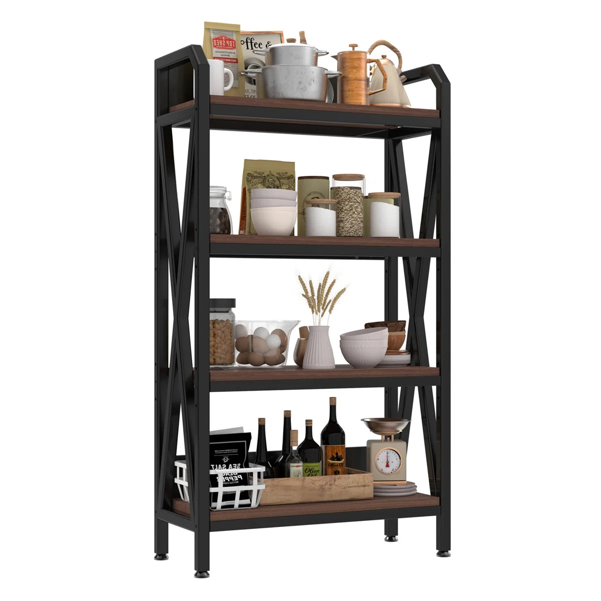 Kitchen Racks: 4-Tier Suitable for kitchen storage, this 55-inch metal and wood Baker's rack storage shelf