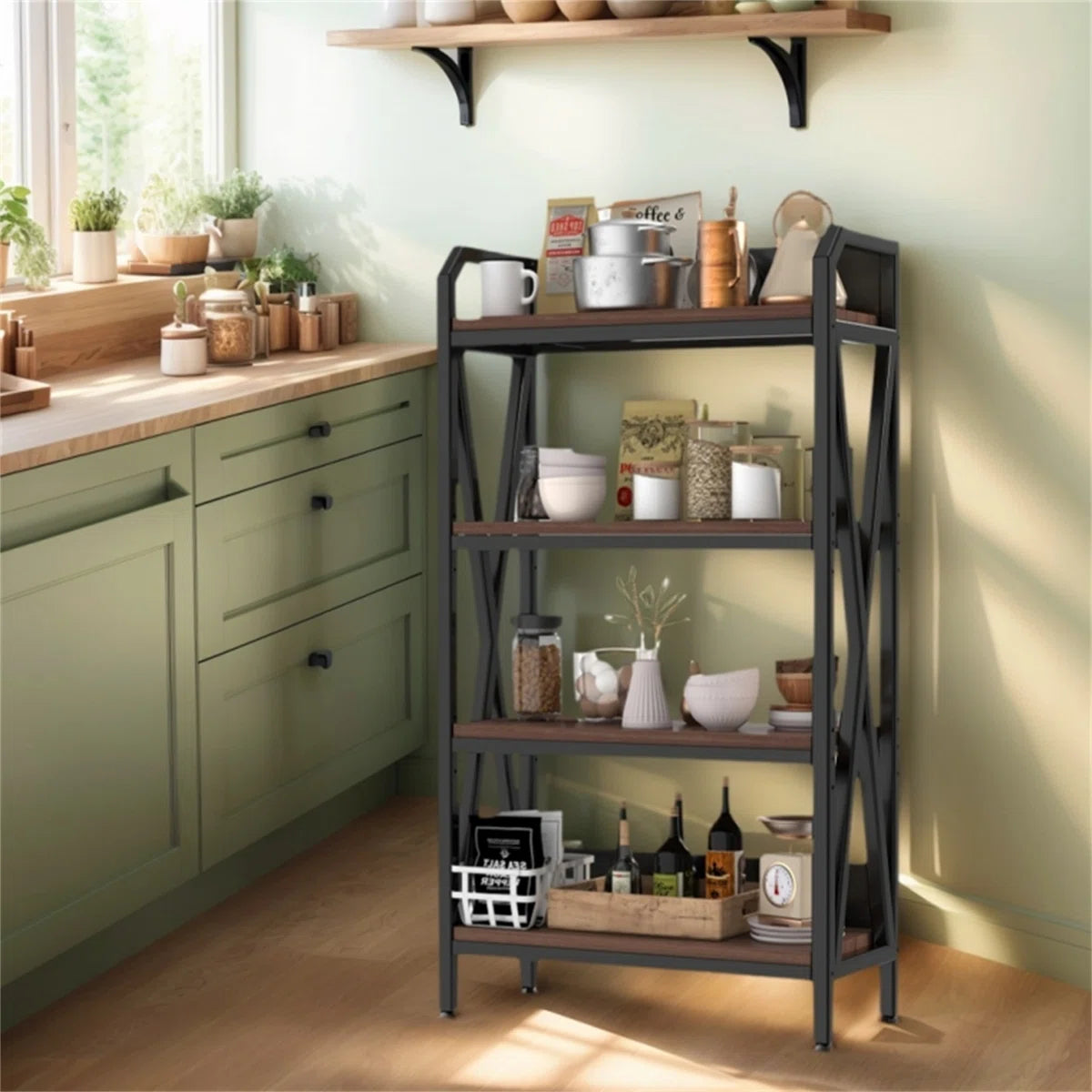 Kitchen Racks: 4-Tier Suitable for kitchen storage, this 55-inch metal and wood Baker's rack storage shelf