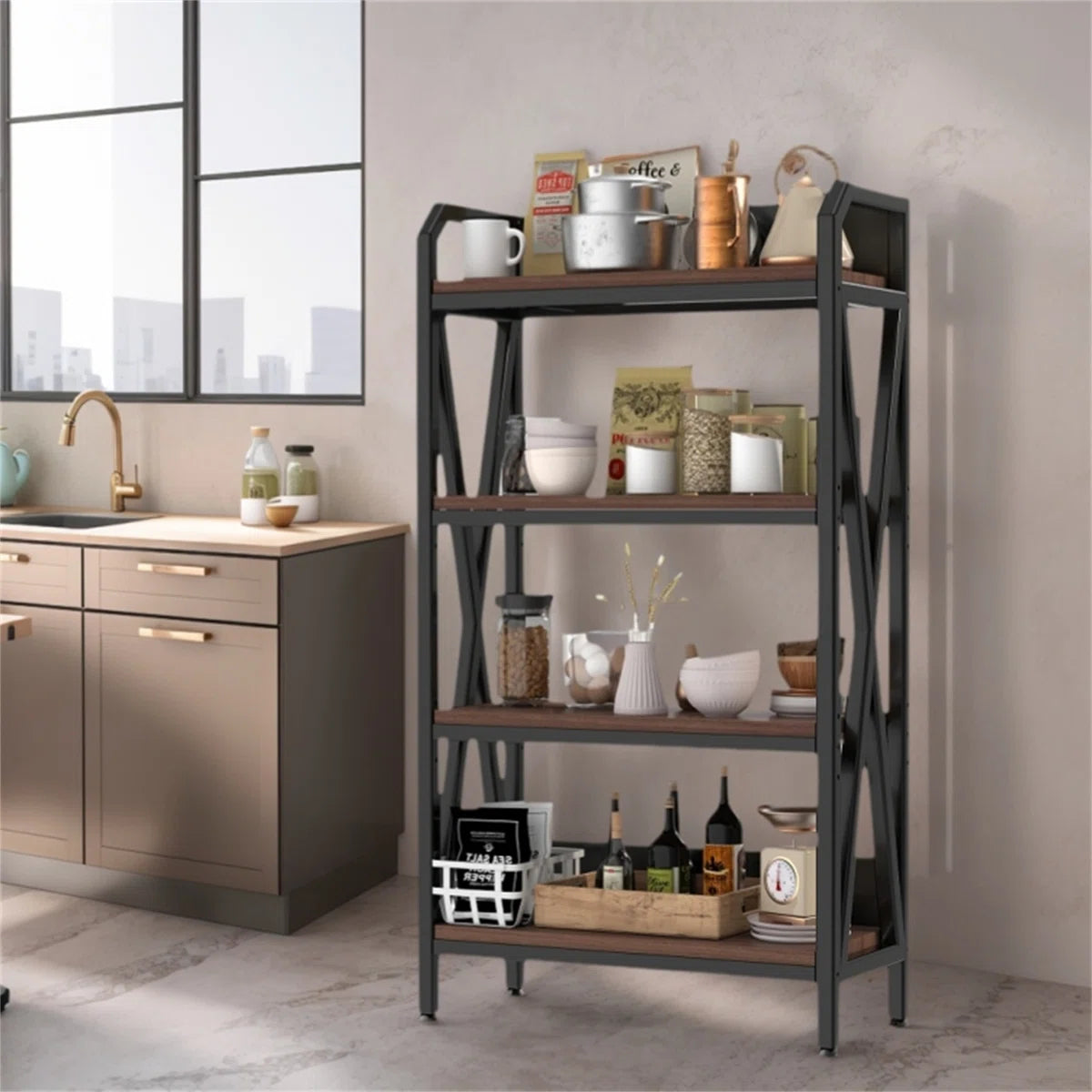 Kitchen Racks: 4-Tier Suitable for kitchen storage, this 55-inch metal and wood Baker's rack storage shelf