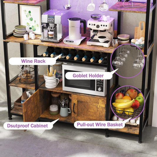 Microwave Stands: 55" Baker’s Rack with Power Outlet & LED Light – Kitchen Microwave Stand with Storage Shelves