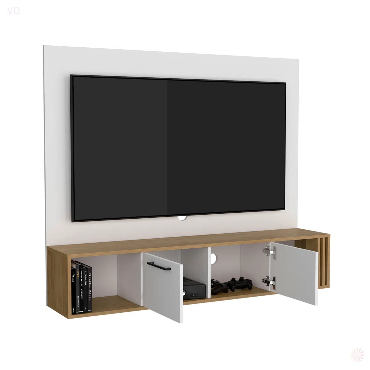 tv panel: 56" Floating tv panel with 2 Cabinets, 4 Shelves, and Cable Management