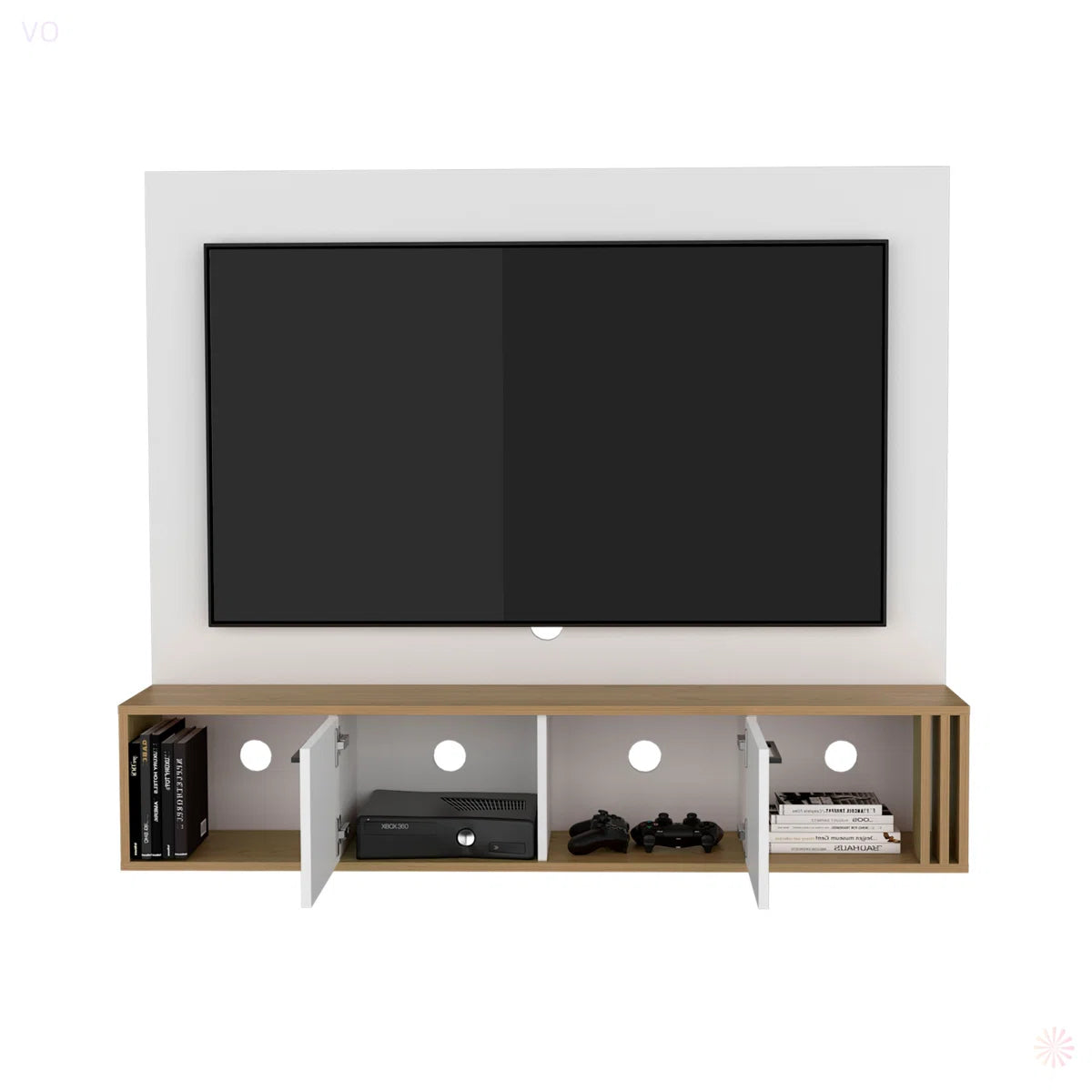 tv panel: 56" Floating tv panel with 2 Cabinets, 4 Shelves, and Cable Management