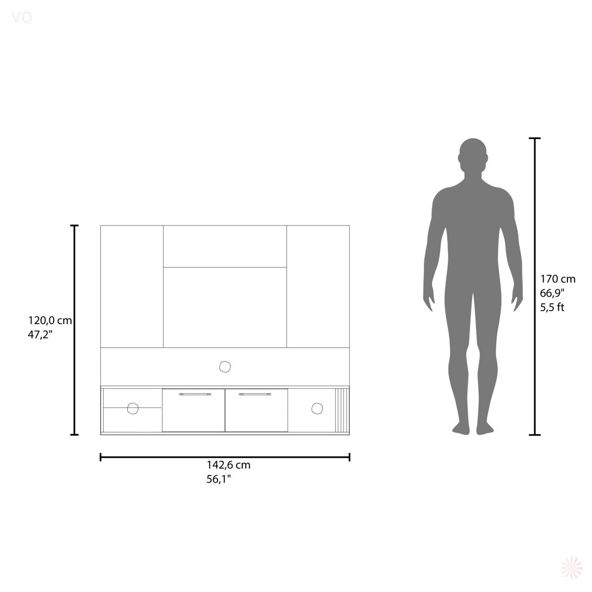 tv panel: 56" Floating tv panel with 2 Cabinets, 4 Shelves, and Cable Management