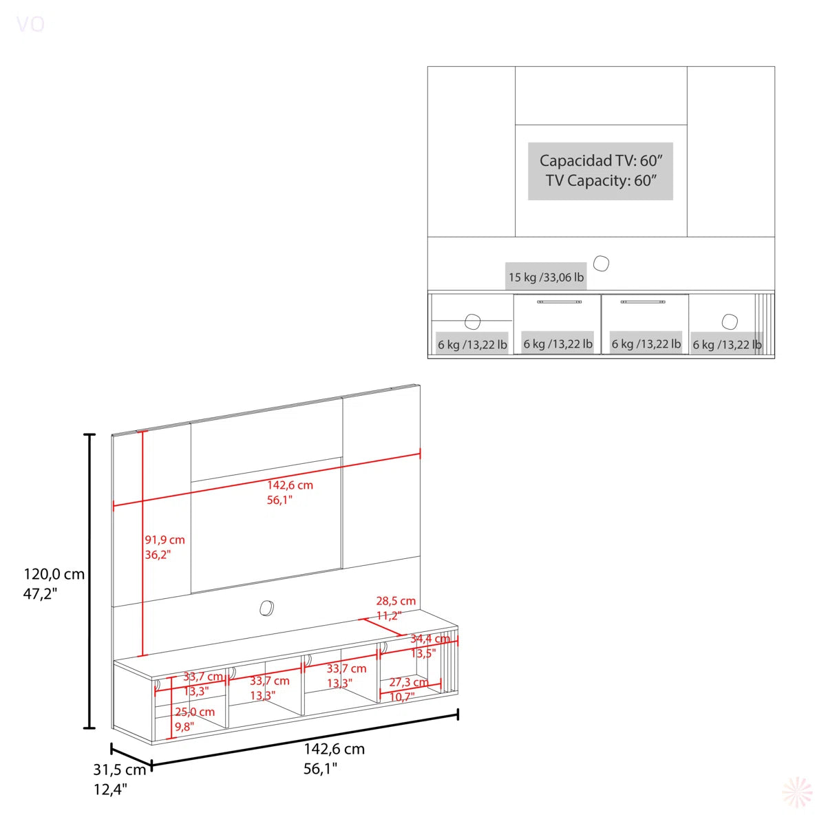 tv panel: 56" Floating tv panel with 2 Cabinets, 4 Shelves, and Cable Management