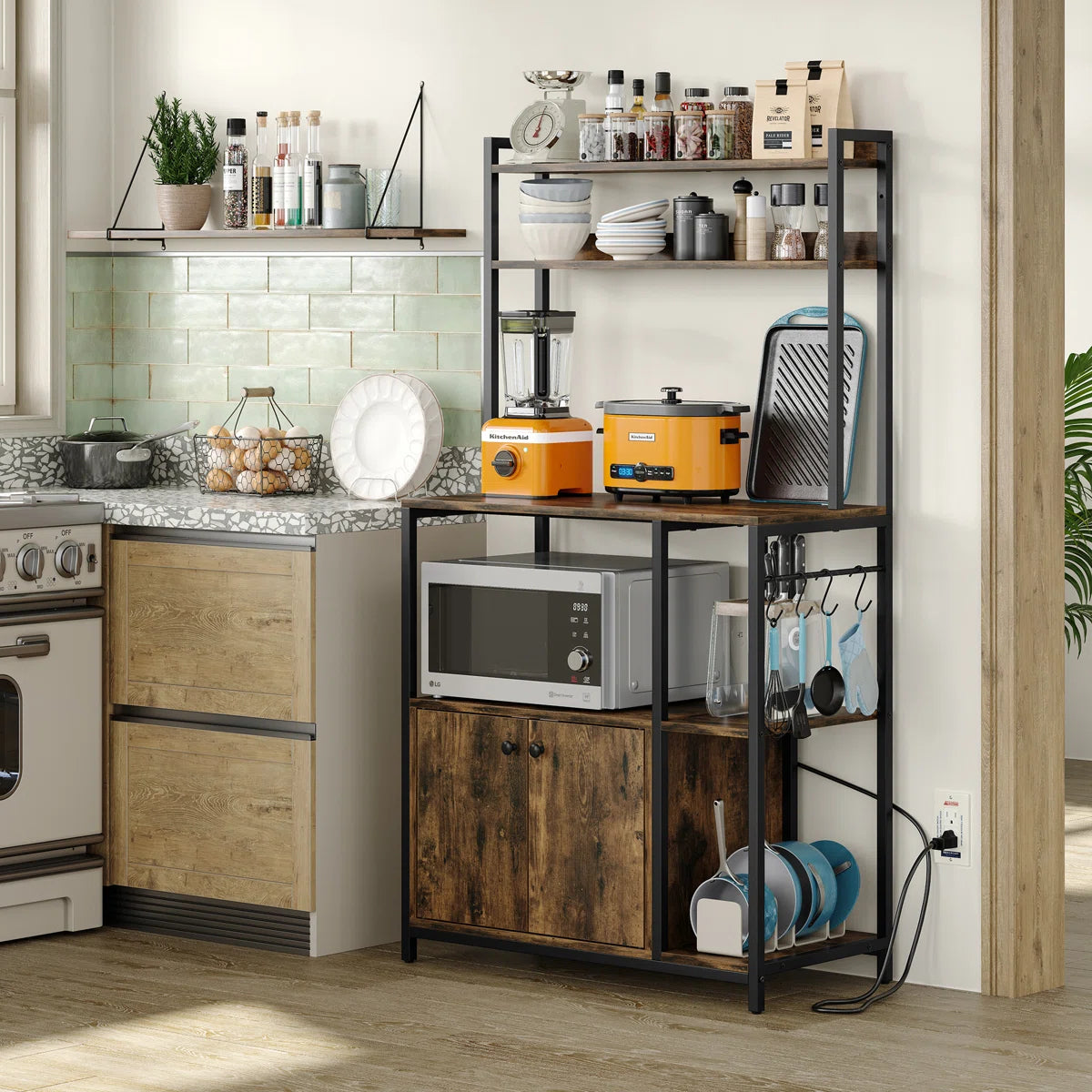 Kitchen Rack: 58'' Kitchen Pantry Cabinets with Microwave and Power Outlet Compatibility