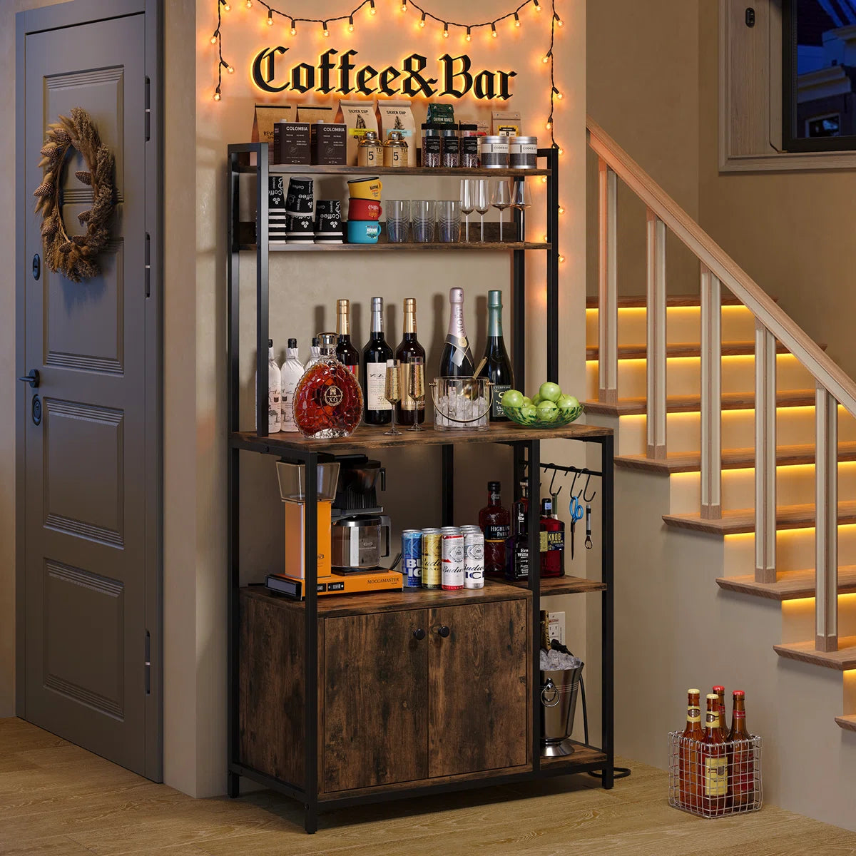 Kitchen Rack: 58'' Kitchen Pantry Cabinets with Microwave and Power Outlet Compatibility