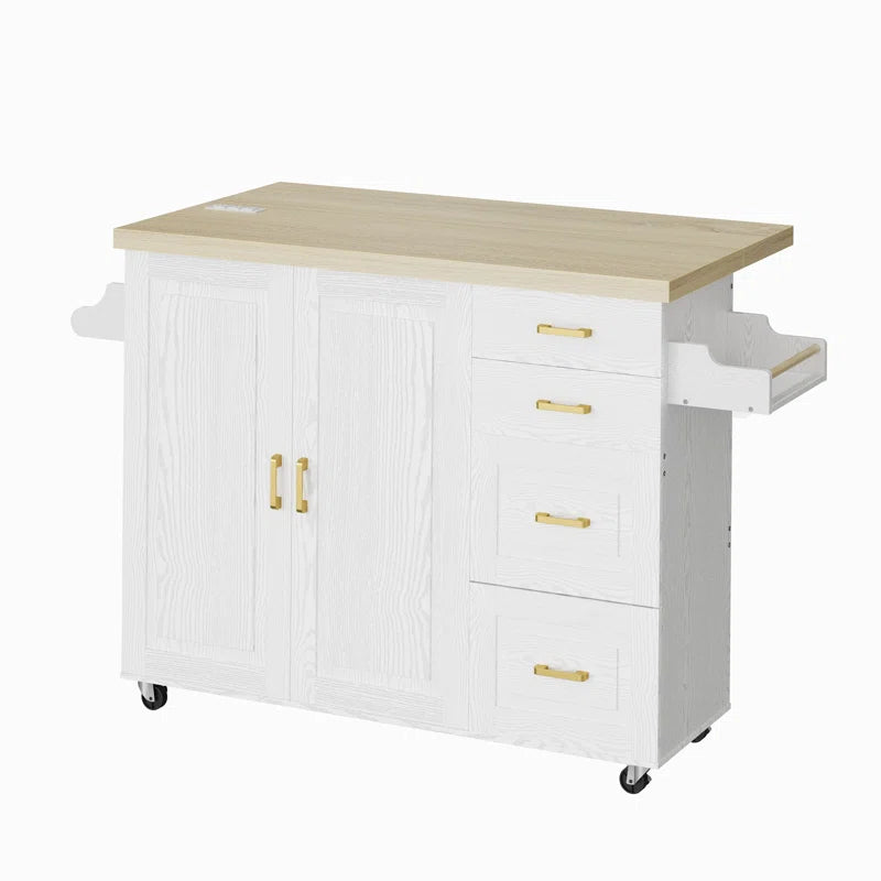 Kitchen Island Table: 59.4’’ Drop Leaf Kitchen Cart with Power Strip & Storage Drawers