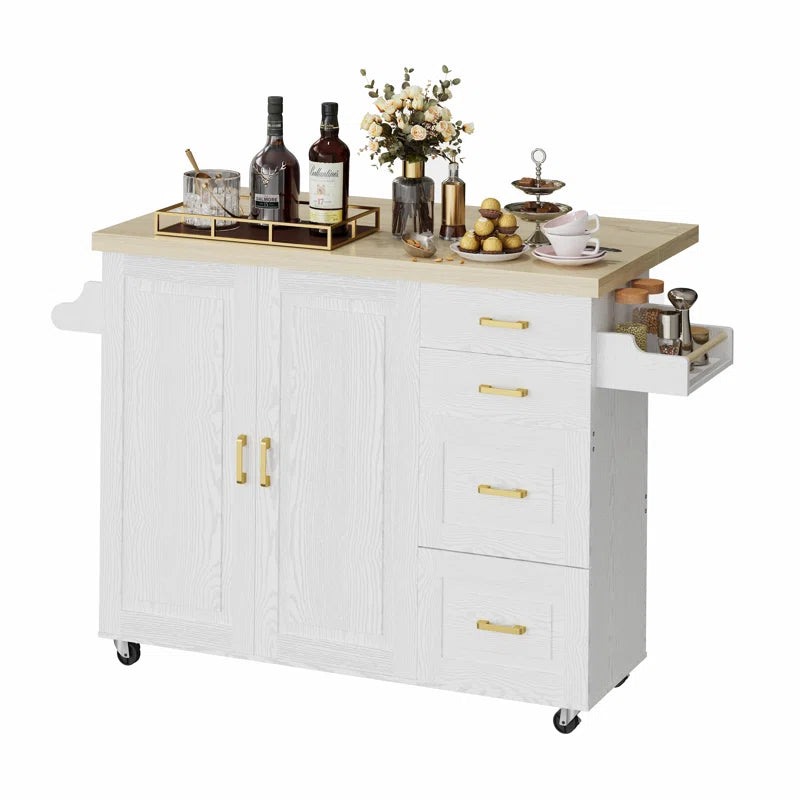 Kitchen Island Table: 59.4’’ Drop Leaf Kitchen Cart with Power Strip & Storage Drawers