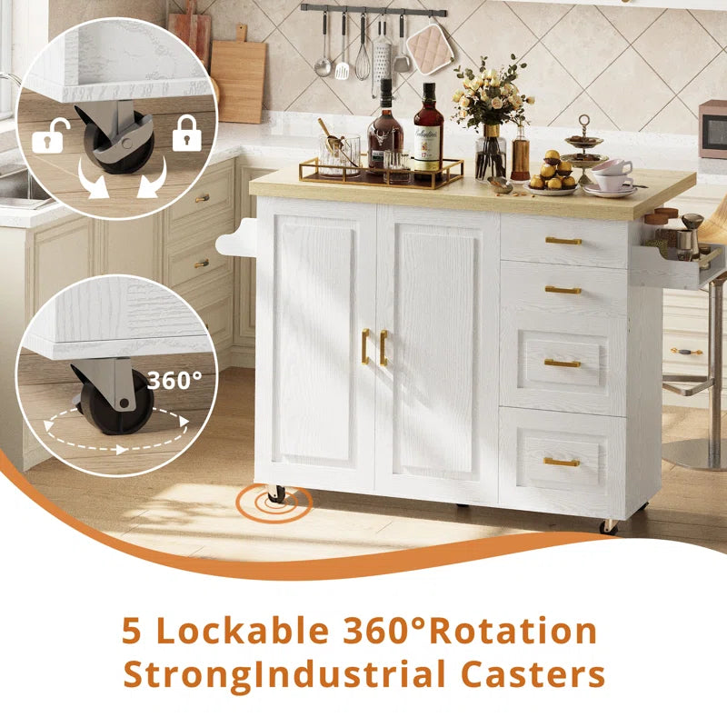 Kitchen Island Table: 59.4’’ Drop Leaf Kitchen Cart with Power Strip & Storage Drawers