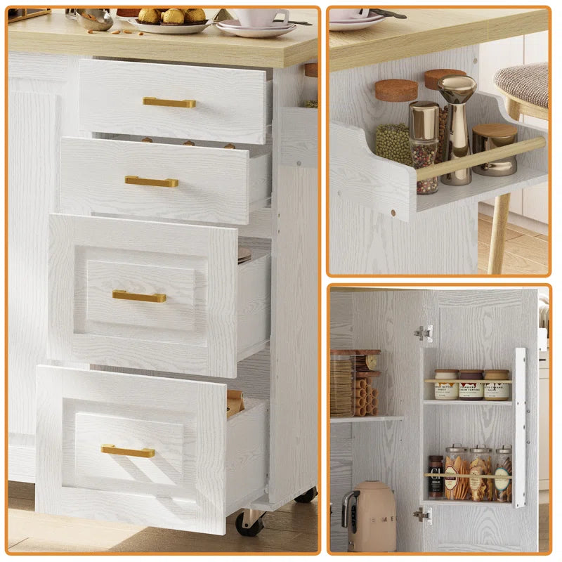 Kitchen Island Table: 59.4’’ Drop Leaf Kitchen Cart with Power Strip & Storage Drawers