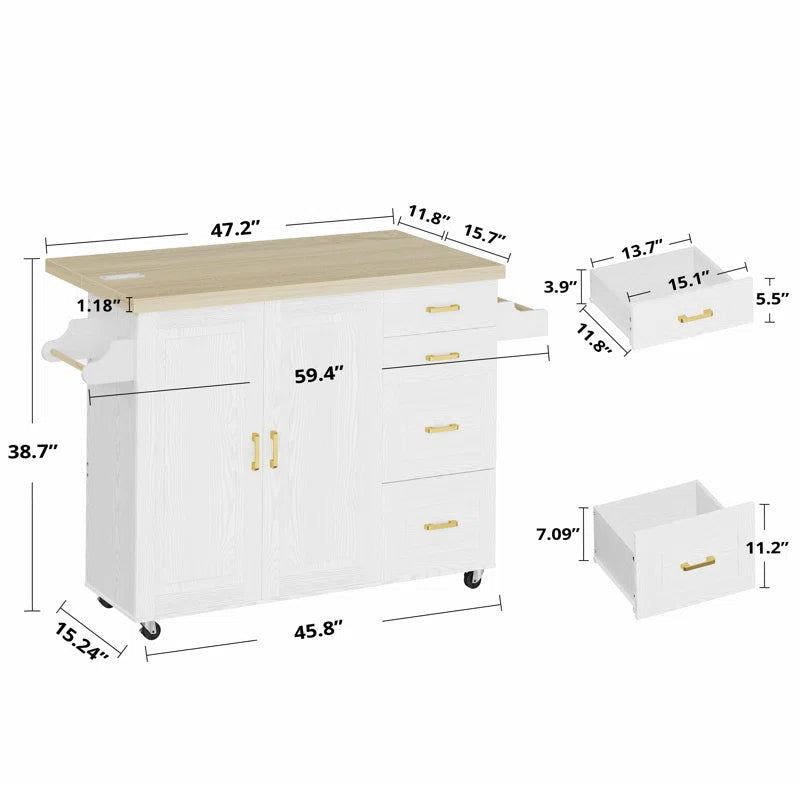 Kitchen Island Table: 59.4’’ Drop Leaf Kitchen Cart with Power Strip & Storage Drawers