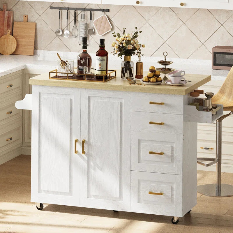 Kitchen Island Table: 59.4’’ Drop Leaf Kitchen Cart with Power Strip & Storage Drawers