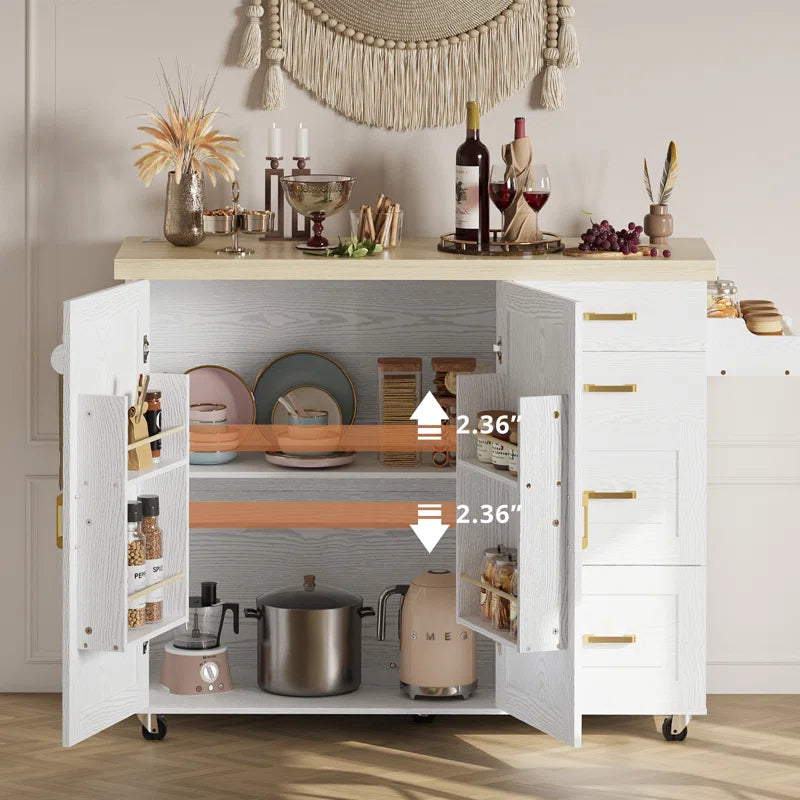 Kitchen Island Table: 59.4’’ Drop Leaf Kitchen Cart with Power Strip & Storage Drawers
