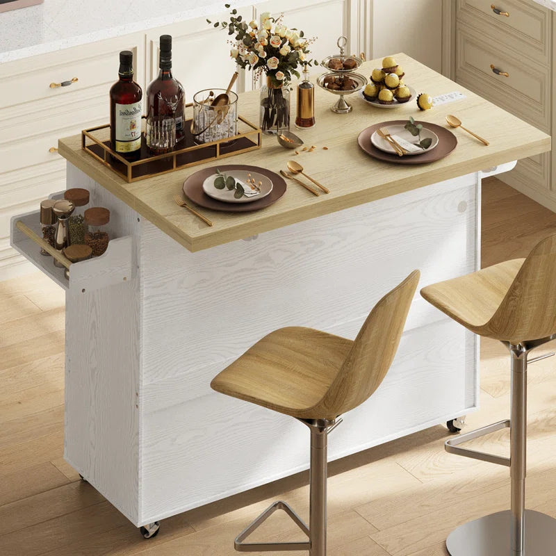 Kitchen Island Table: 59.4’’ Drop Leaf Kitchen Cart with Power Strip & Storage Drawers