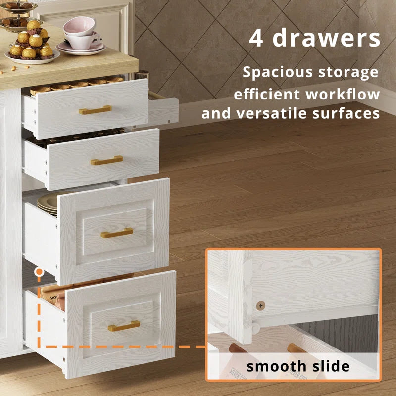 Kitchen Island Table: 59.4’’ Drop Leaf Kitchen Cart with Power Strip & Storage Drawers