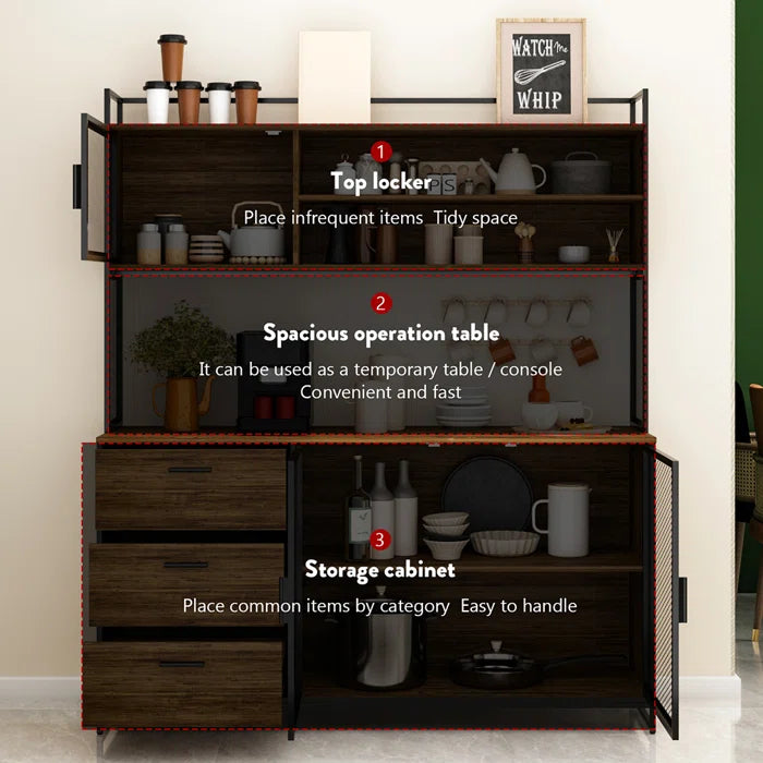 Kitchen Rack: 59'' Wide Steel Wood Kitchen Pantry Cabinet with 3 Drawers