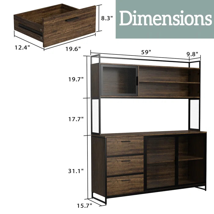 Kitchen Rack: 59'' Wide Steel Wood Kitchen Pantry Cabinet with 3 Drawers