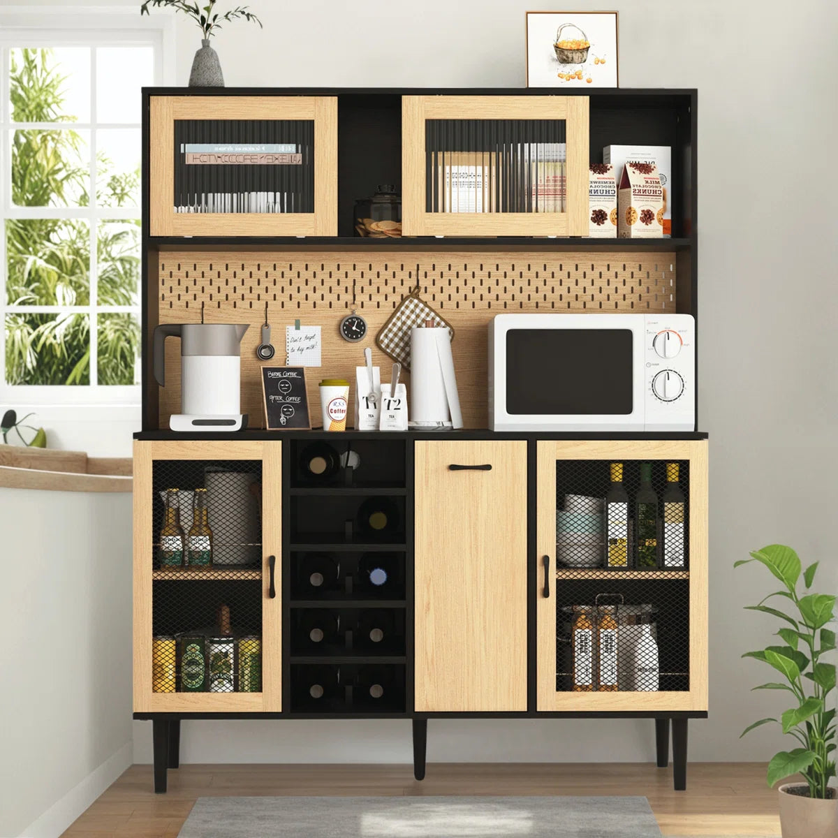 Microwave Stands: 59" Black & Natural Kitchen Pantry Sideboard – Coffee Bar Cabinet with Power Outlet & Storage