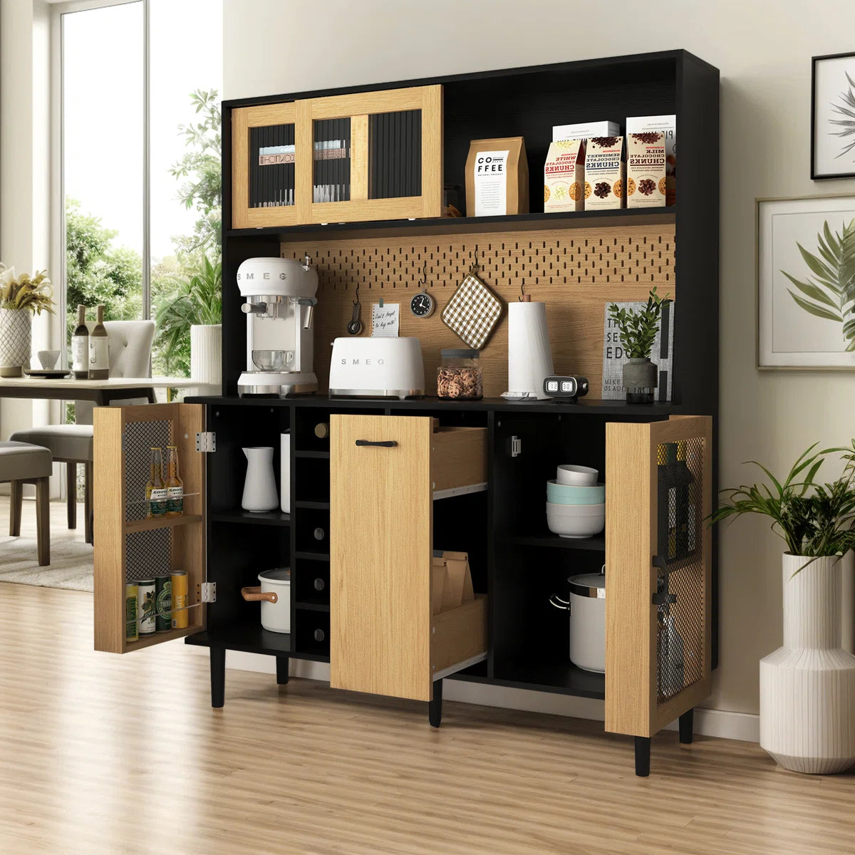 Microwave Stands: 59" Black & Natural Kitchen Pantry Sideboard – Coffee Bar Cabinet with Power Outlet & Storage