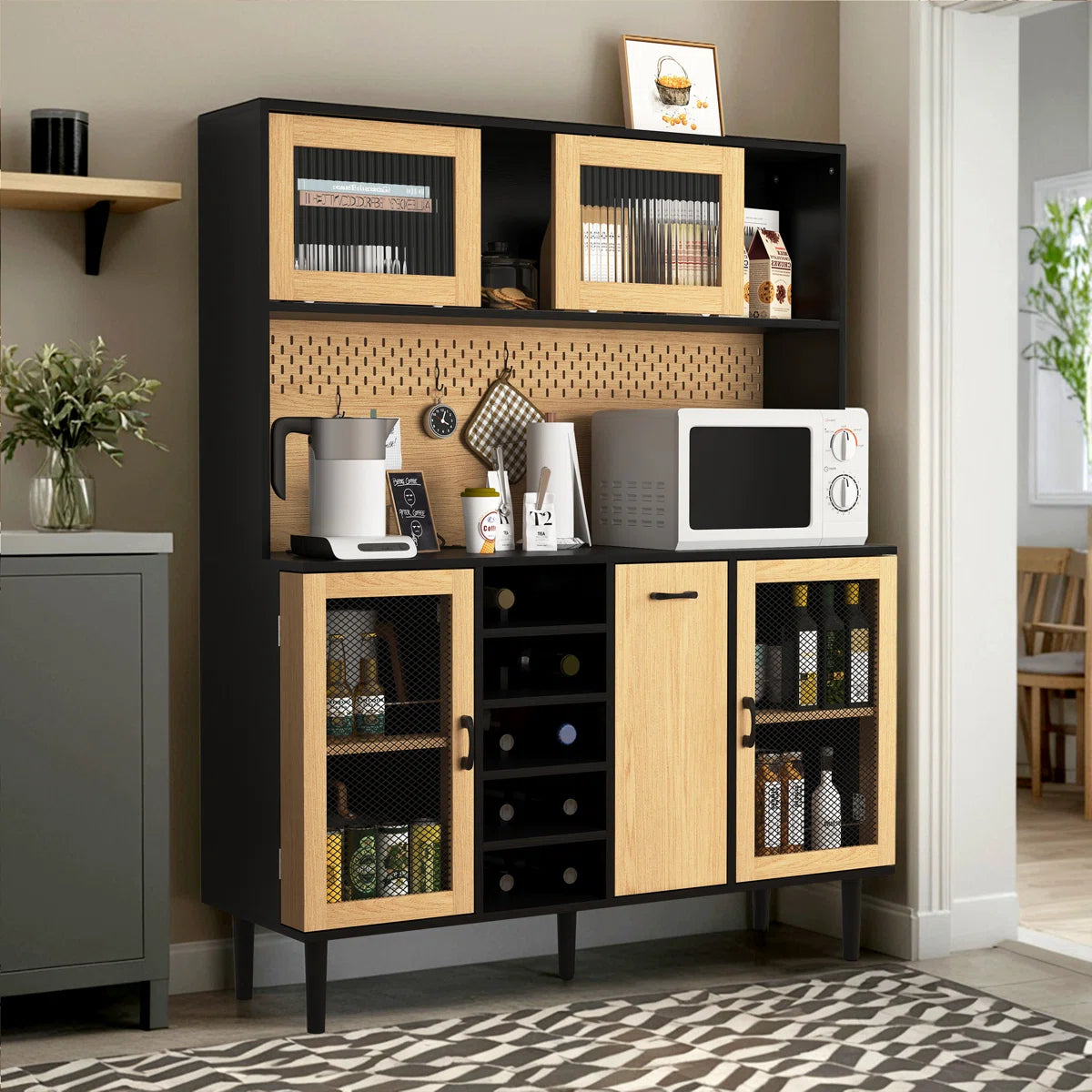 Microwave Stands: 59" Black & Natural Kitchen Pantry Sideboard – Coffee Bar Cabinet with Power Outlet & Storage