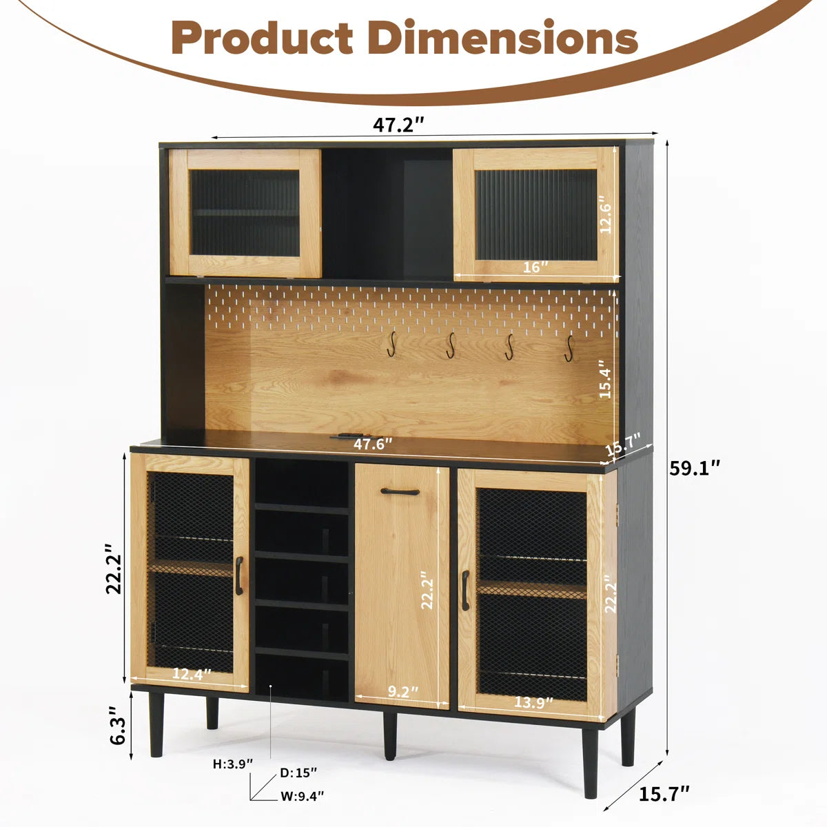 Microwave Stands: 59" Black & Natural Kitchen Pantry Sideboard – Coffee Bar Cabinet with Power Outlet & Storage