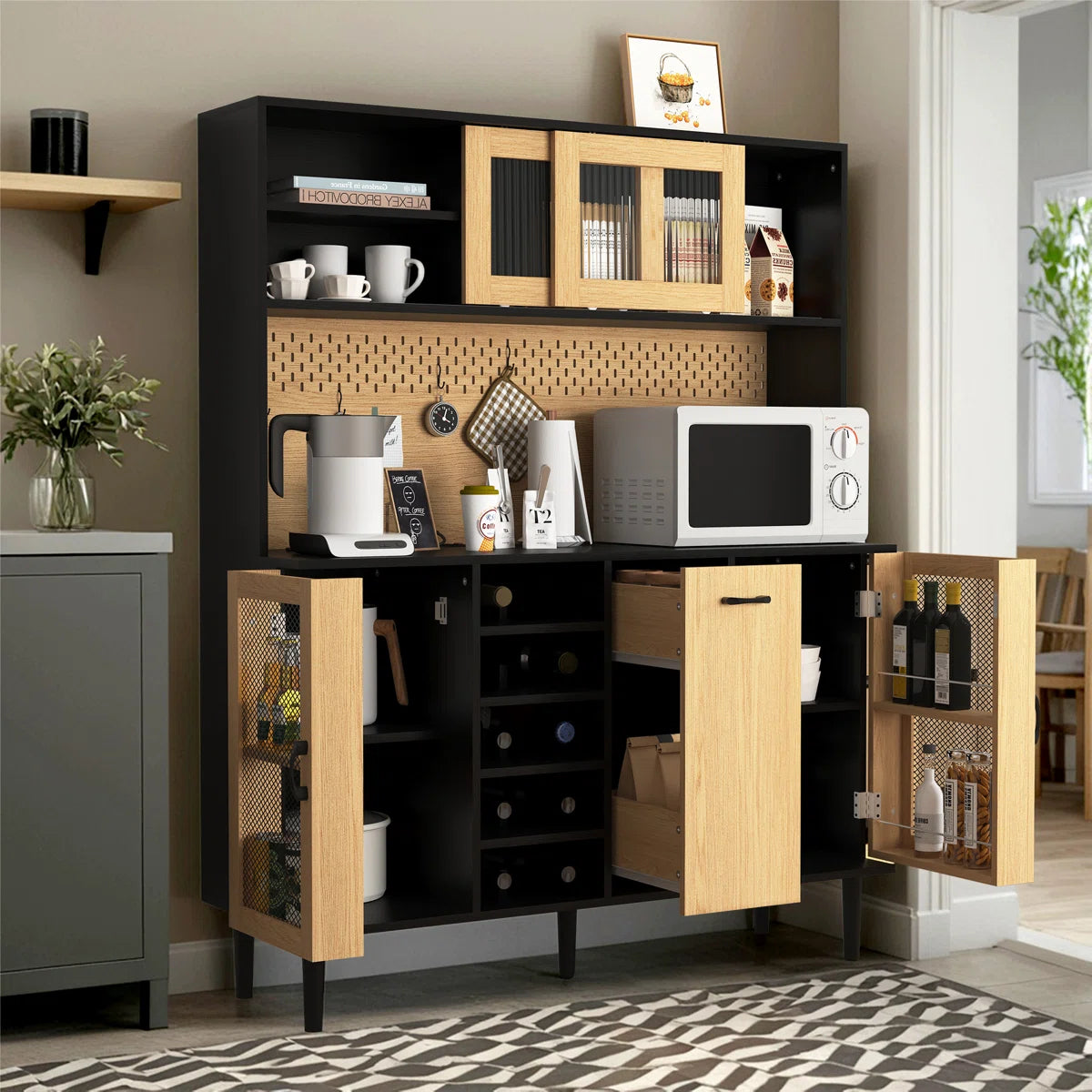 Microwave Stands: 59" Black & Natural Kitchen Pantry Sideboard – Coffee Bar Cabinet with Power Outlet & Storage