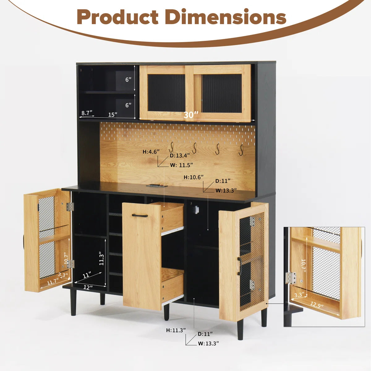Microwave Stands: 59" Black & Natural Kitchen Pantry Sideboard – Coffee Bar Cabinet with Power Outlet & Storage