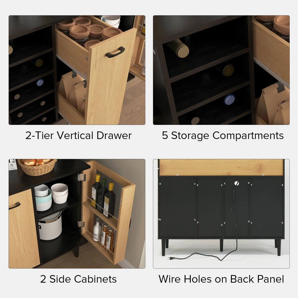 Microwave Stands: 59" Black & Natural Kitchen Pantry Sideboard – Coffee Bar Cabinet with Power Outlet & Storage