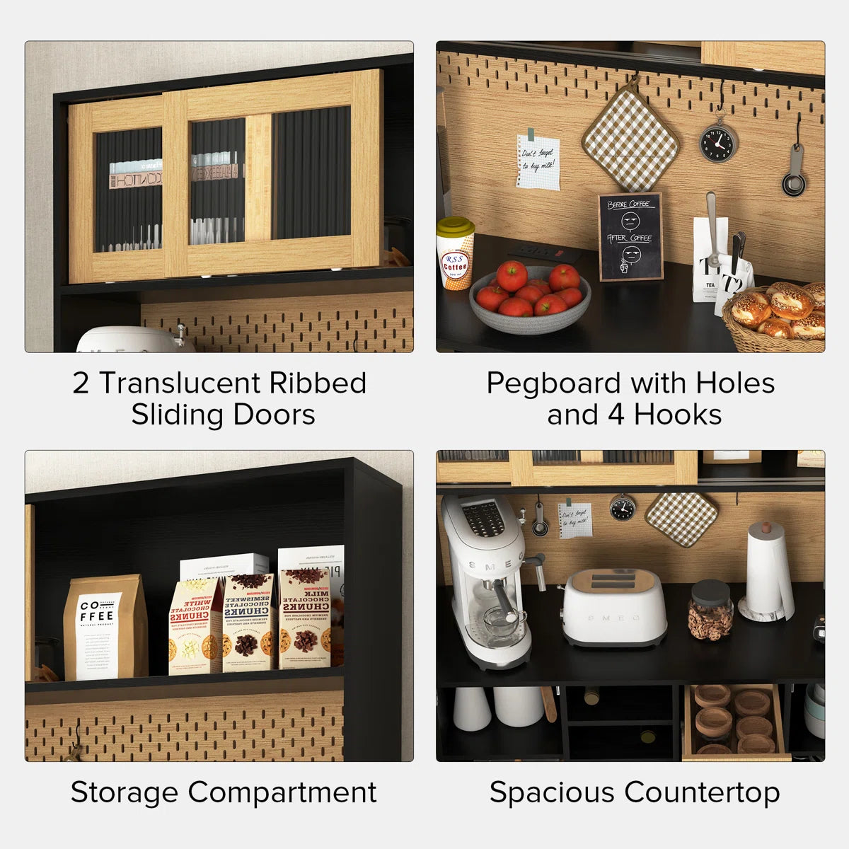 Microwave Stands: 59" Black & Natural Kitchen Pantry Sideboard – Coffee Bar Cabinet with Power Outlet & Storage