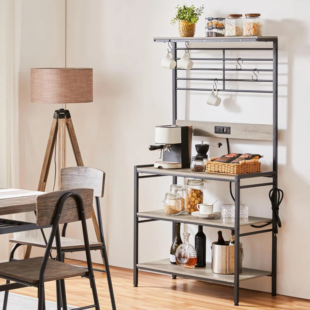 Kitchen Rack: 5 S-Hooks & Adjustable Feet with Shelf Unit Coffee Bar Station
