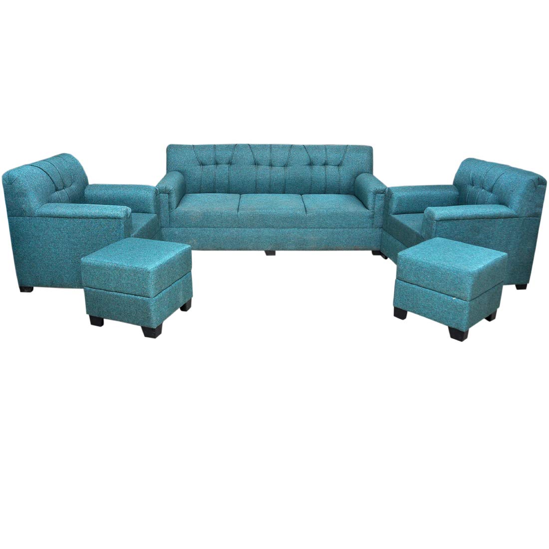 5 Seater Sofa Set: 3+1+1 Seater Sofa Set With 2 Puffy (Green, Jute)