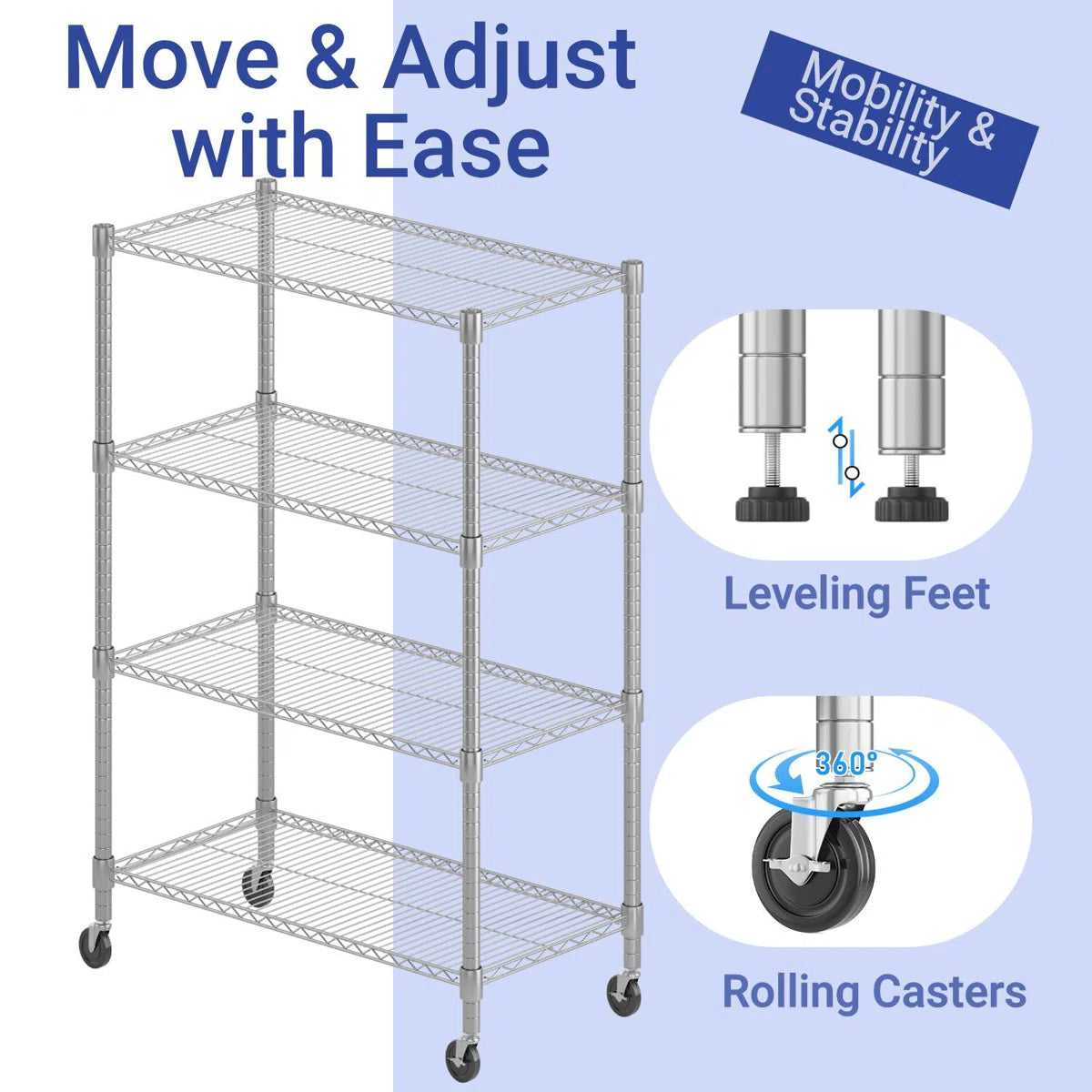 Kitchen Rack: 5 Tier Wire Shelving Unit With Wheels, Commercial Adjustable Metal Shelves For Storage