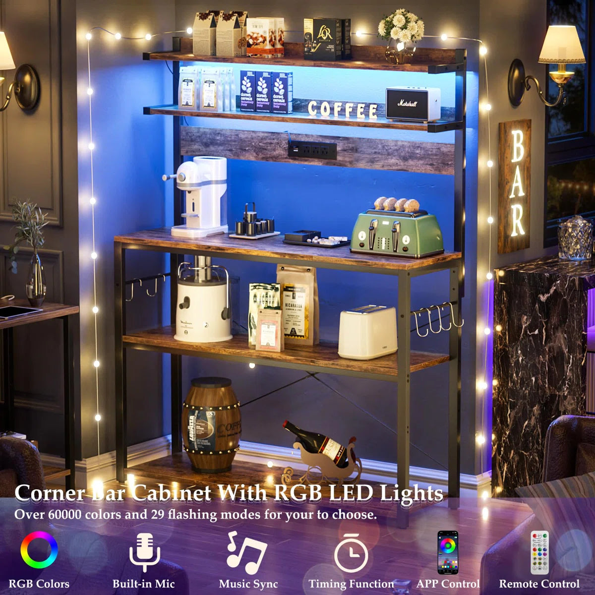 Kitchen Rack: 5 Tiers Coffee Bar Station with Led Lights
