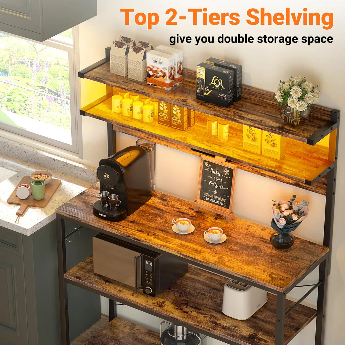 Kitchen Rack: 5 Tiers Coffee Bar Station with Led Lights