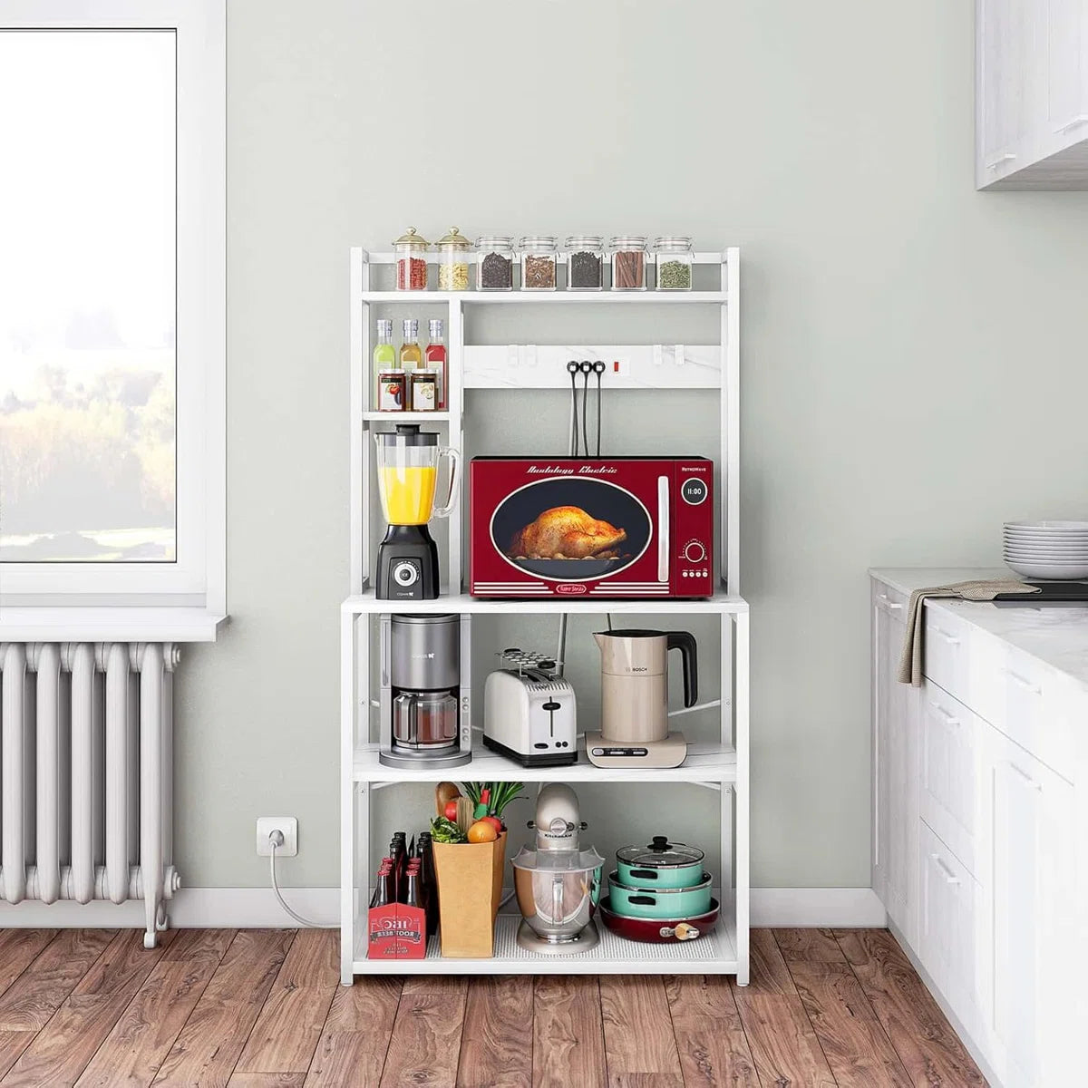 Kitchen Rack: 5 Tiers Microwave Stand with Storage, Heavy Duty Kitchen Shelves with Plugs, and 31.5 Inch Bakers Rack with 3 Power Outlets