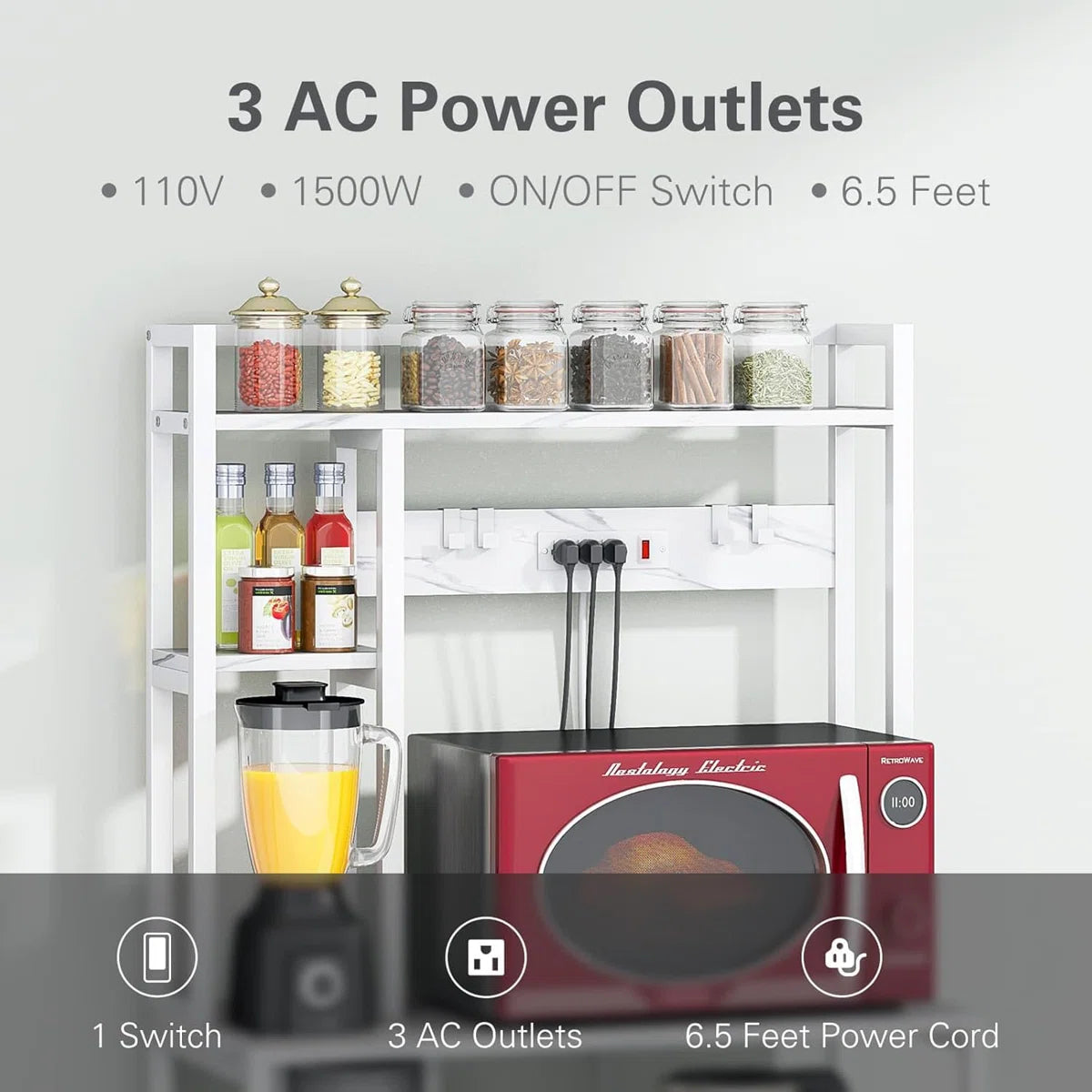 Kitchen Rack: 5 Tiers Microwave Stand with Storage, Heavy Duty Kitchen Shelves with Plugs, and 31.5 Inch Bakers Rack with 3 Power Outlets