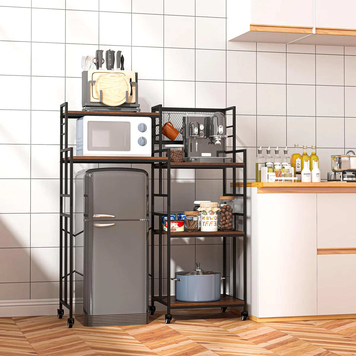 Kitchen Racks: 5-Tier Rolling Kitchen Rack with Microwave Shelf and Mini Fridge Space