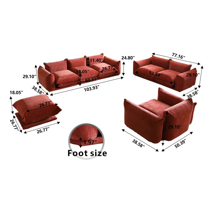 7 Seater Sofa Set: 4-Piece Chenille Fabric Sectional with Ottoman