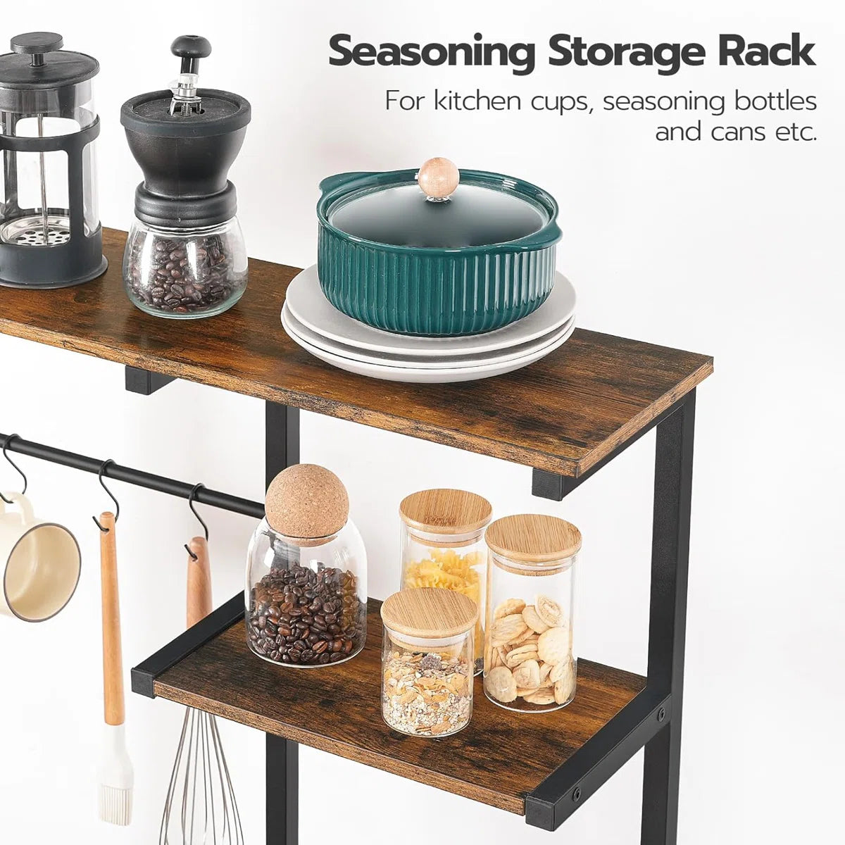 Kitchen Rack: 6-Tier Microwave Stand with 4 Hooks, Kitchen Shelf with Wire Basket